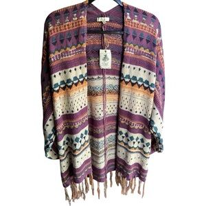 Easel Los Angeles Knit Mix Open Front Fringe Hem Cardigan - NWT